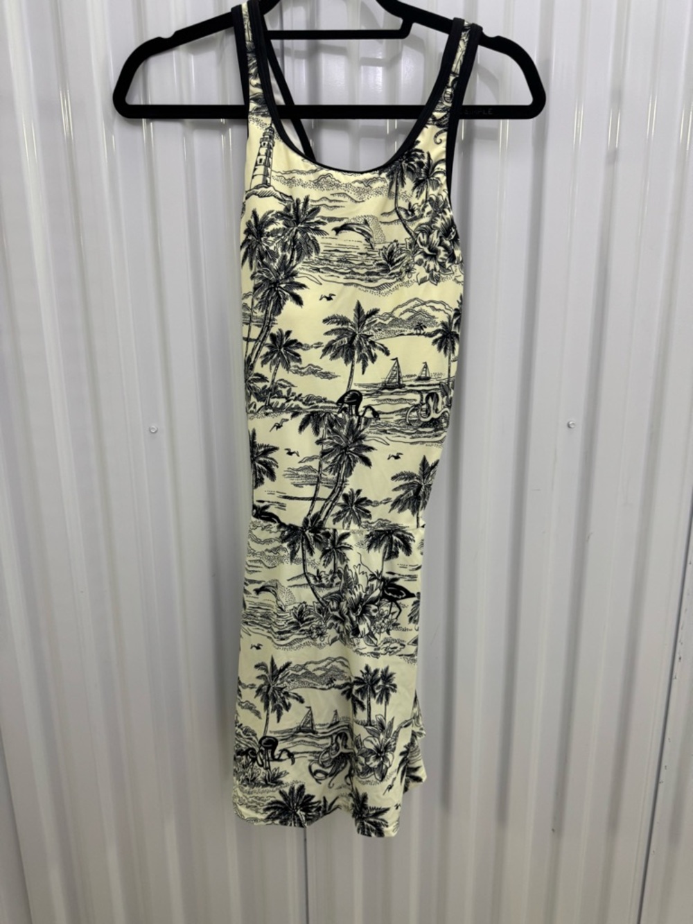 Lands End: Cream and Black Tropical Print Tank Dress Swimsuit